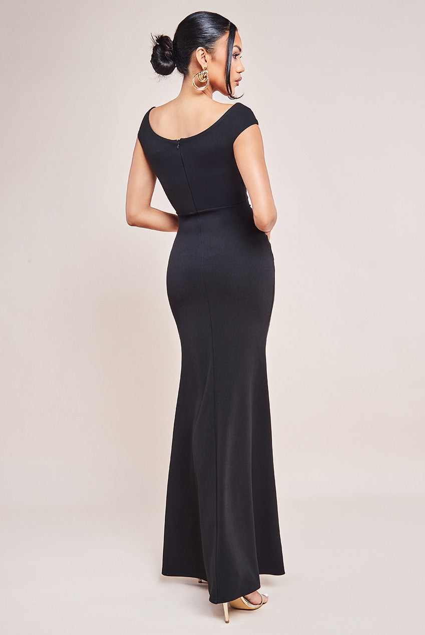 Goddiva Bardot Pleated Maxi With Metal Trim Dress