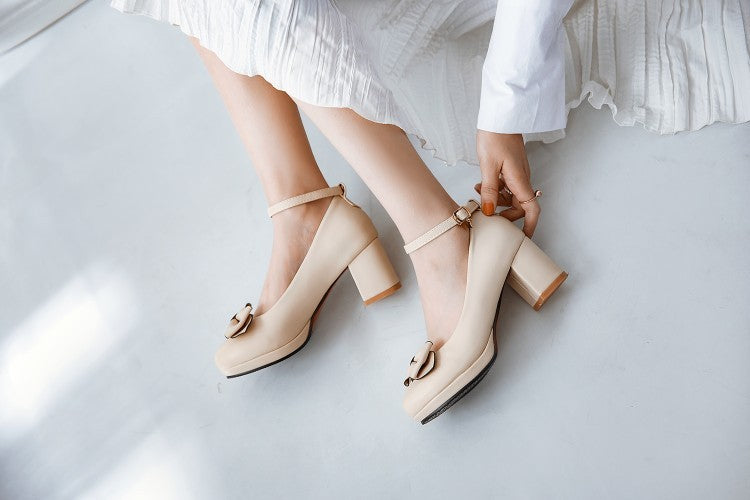 Block Heel Leather Round Toe Buckle High-Heels