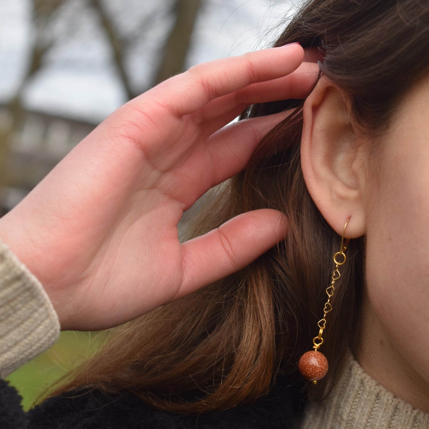 Brown Goldstone and Yellow Gold Vermeil Earrings, Heart Chain Earrings, Bloom Collection | by nlanlaVictory