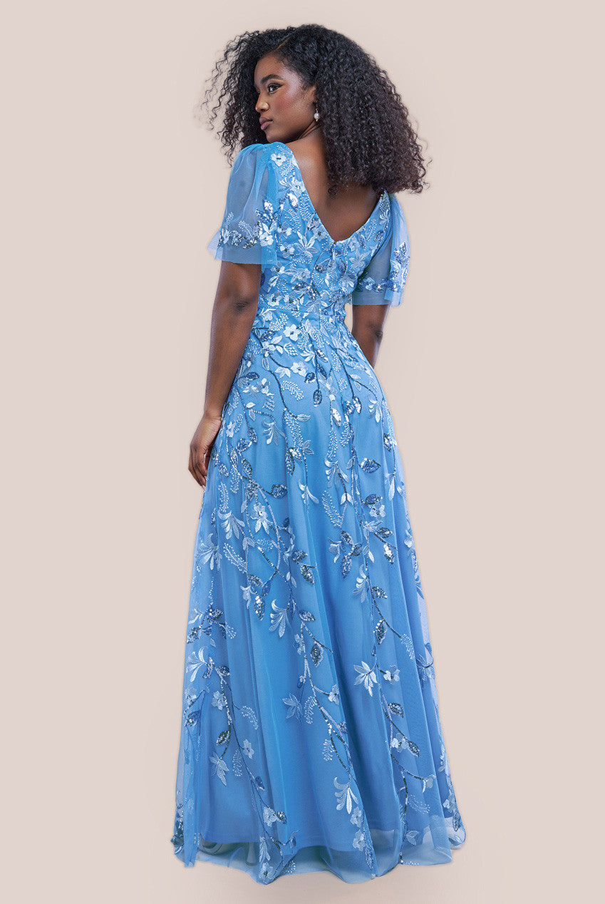 Goddiva Flared Sleeve Embroidered Maxi Dress