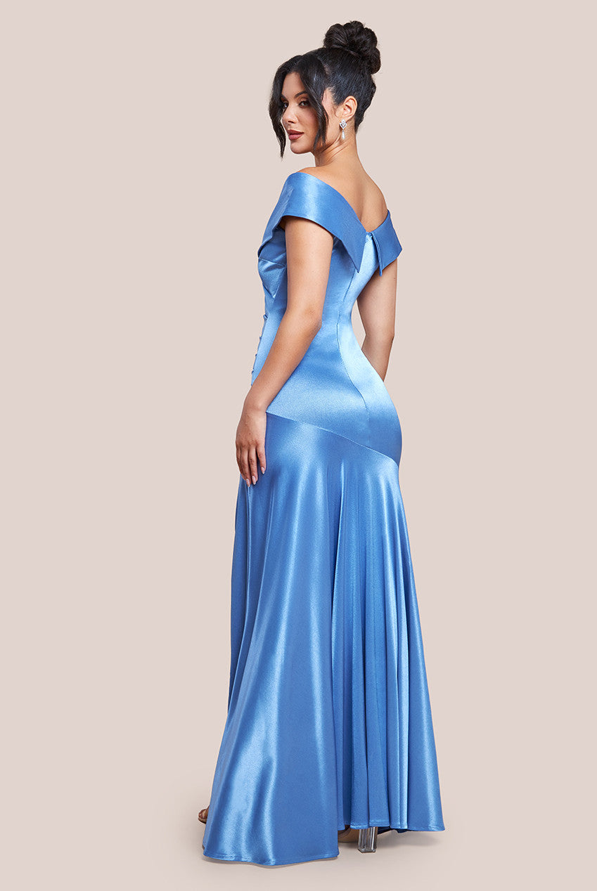 Goddiva Satin Off Shoulder Pleated Maxi Dress