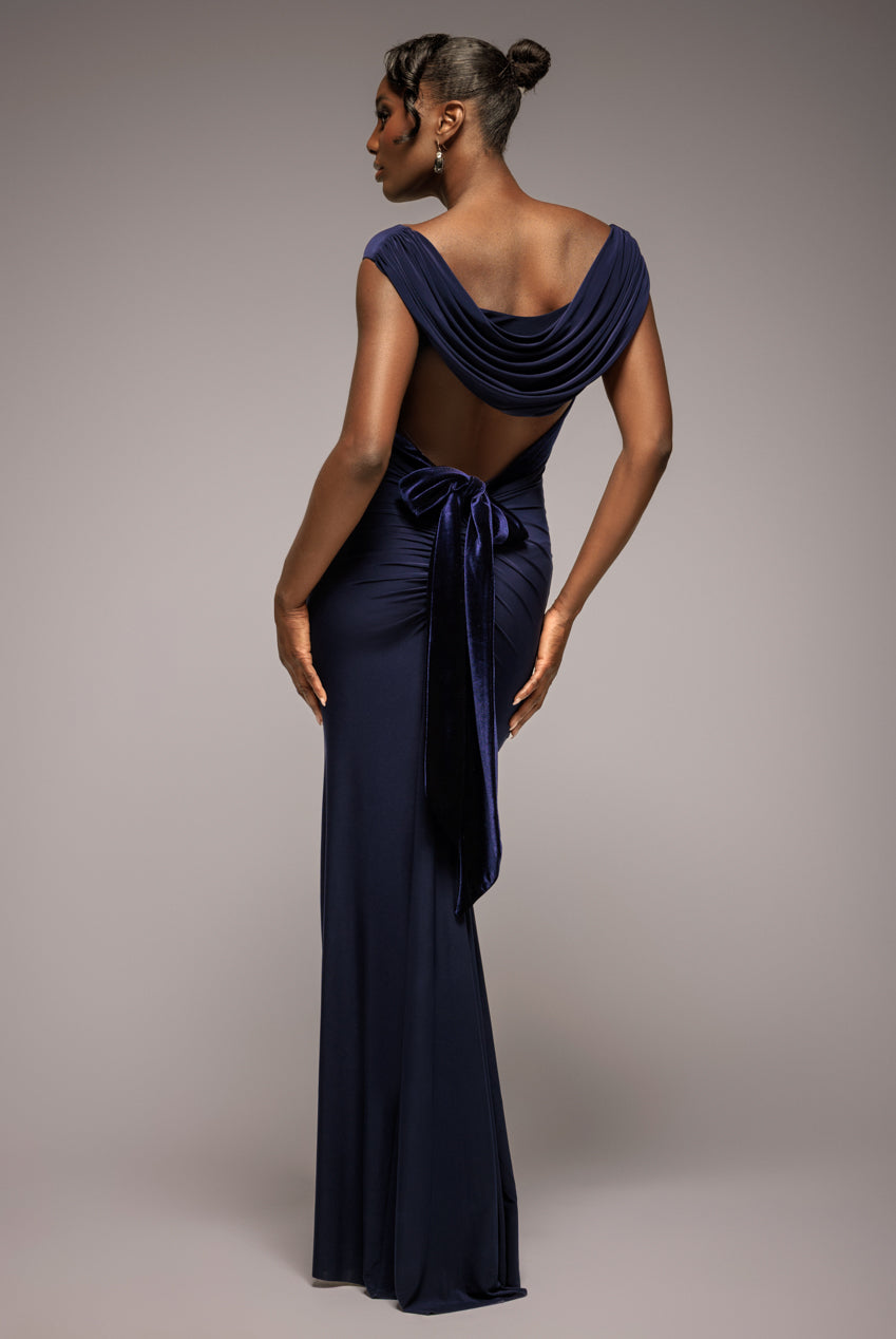 Goddiva Open Back Cowl Neck Gathered Maxi Dress With Velvet Tie Back