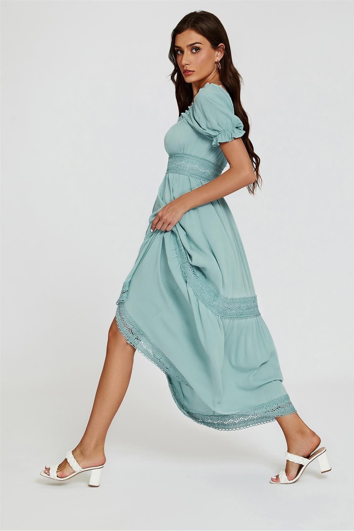 Lace Detail Bardot Maxi Dress In Blue by FS Collection - FS829 BLC