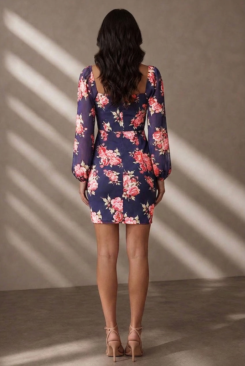 Balloon Sleeve Floral Bodycon Mini Dress In Navy by Chi Chi London - D1NB