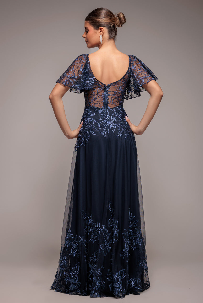Goddiva Lace Flutter Sleeve Embroidered Mesh A Line Maxi Dress