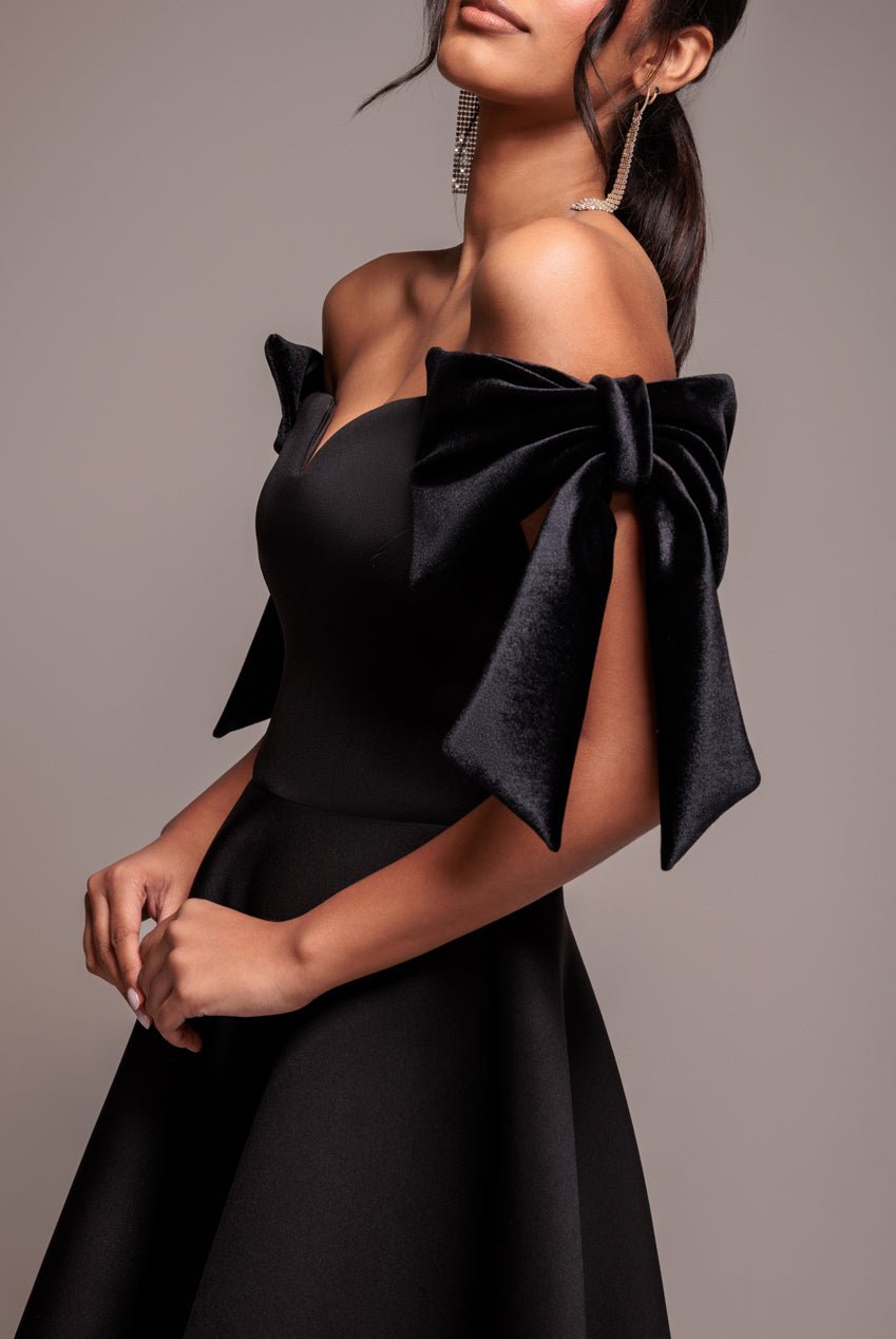 Goddiva Scuba Off The Shoulder Velvet Bow Skater Midi Dress