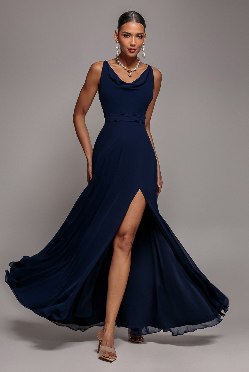 Goddiva CHIFFON COWL TWISTED ROPE STRAP LACE-UP FLARED MAXI DRESS