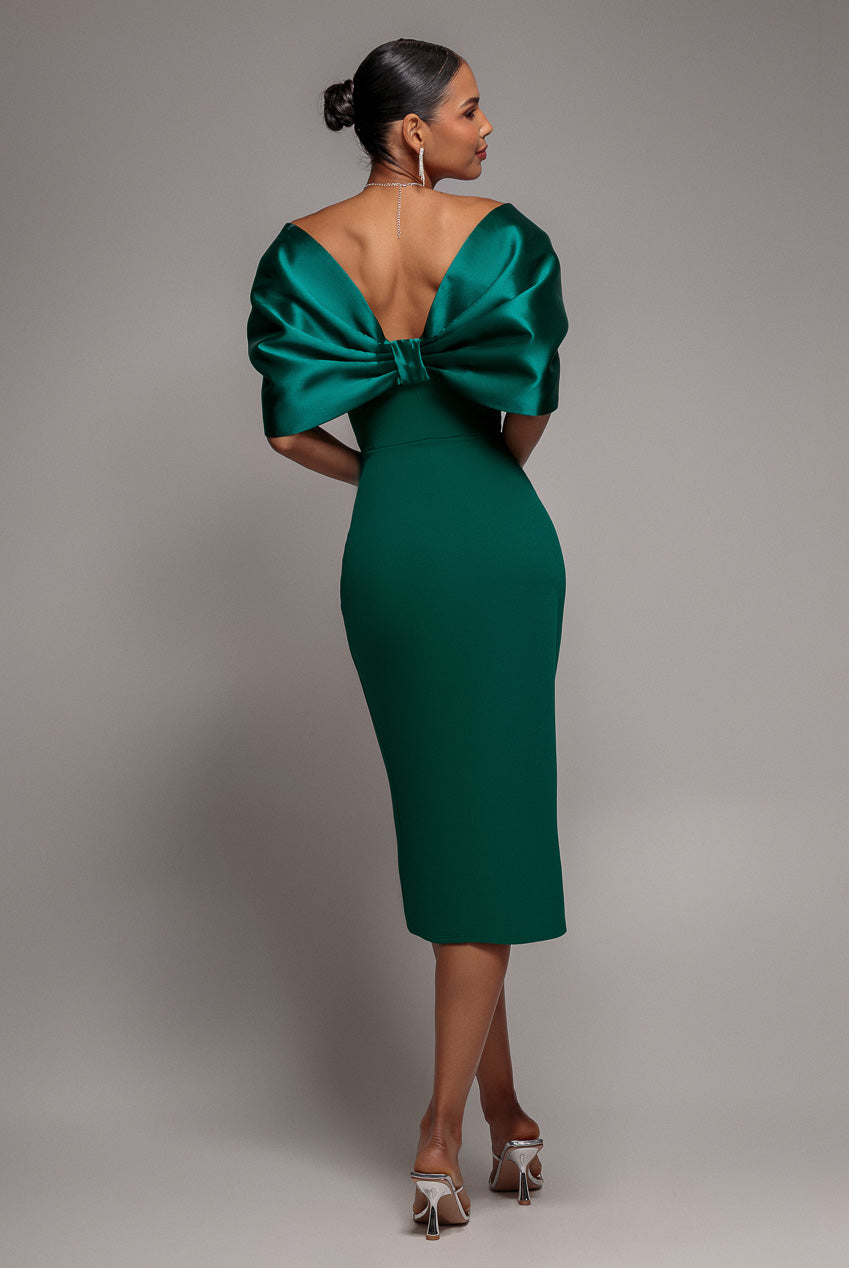 Goddiva Off Shoulder Back Satin Bow Scuba Midi Dress
