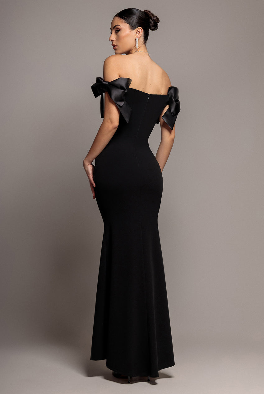 Goddiva Satin Bow Bardot Sheath Maxi Dress