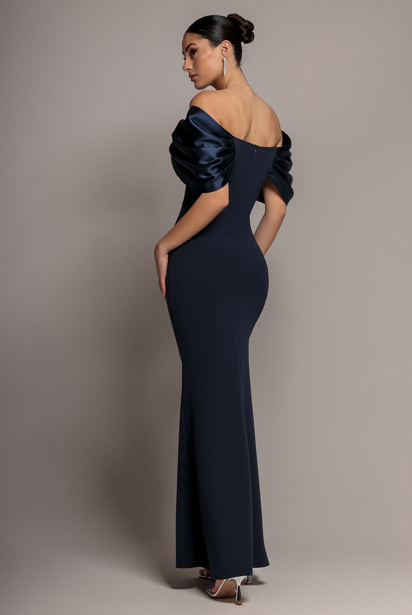 Goddiva Satin Plunge Neck Bardot Scuba Maxi Dress