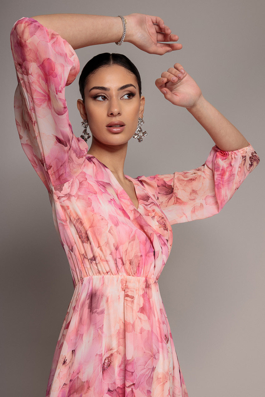 Goddiva FLORAL PRINT WRAP A LINE MIDI DRESS BY GODDIVA