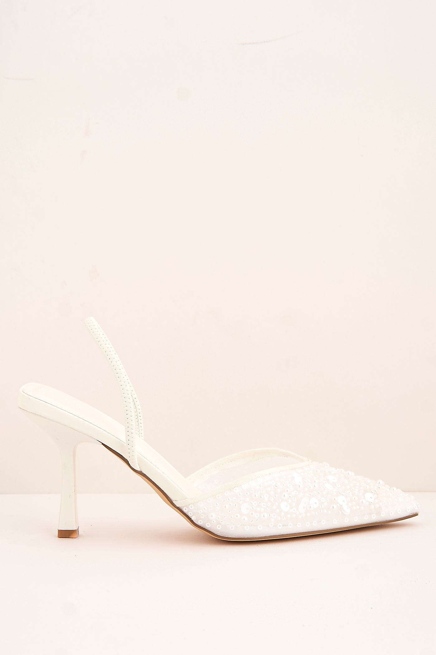 Jasmina Sequin & Bead Embellished Mesh Slingback Court Shoes In White by Miss Diva - SALADO101 WHT
