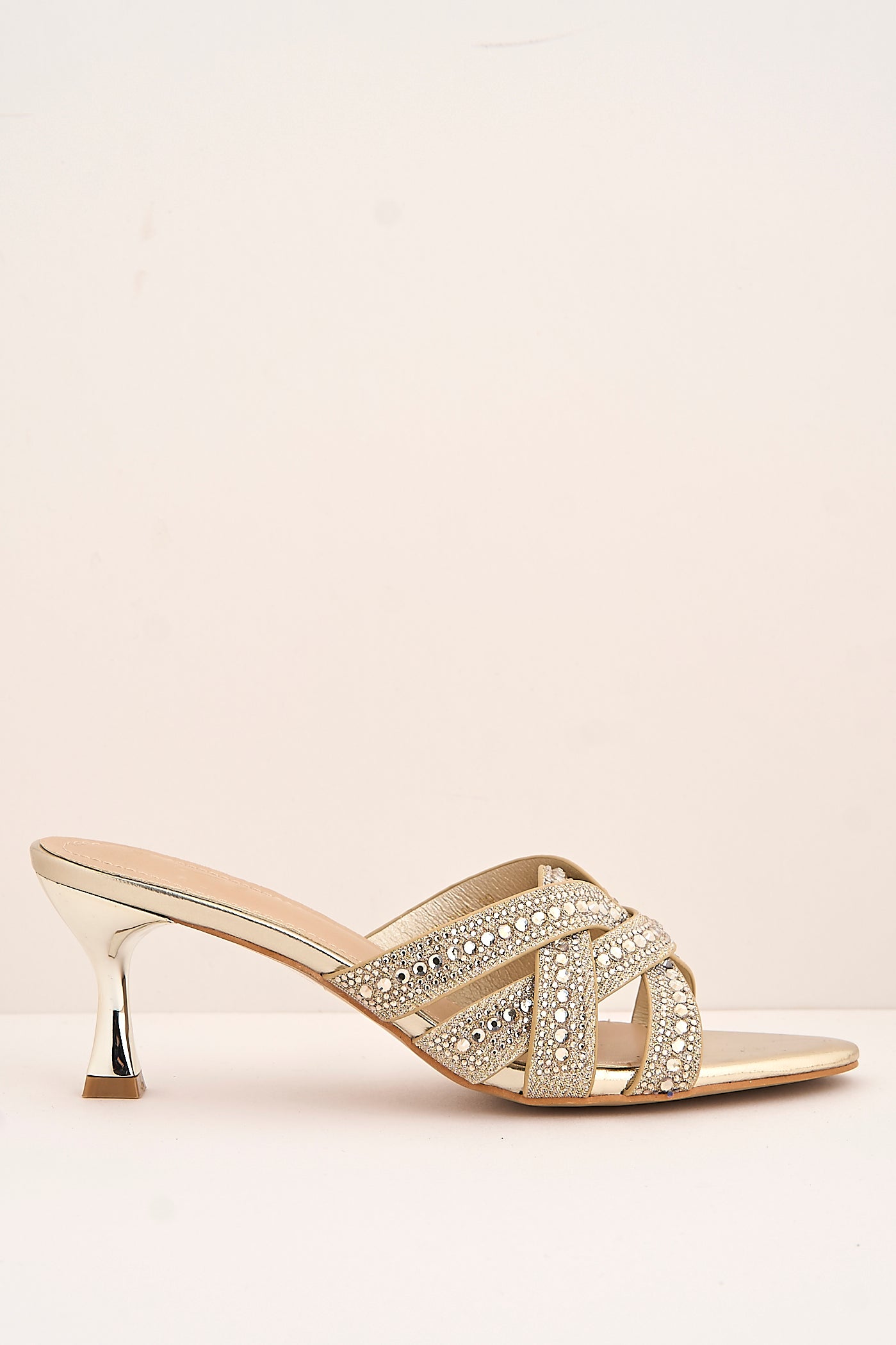 Elsie Gemstone Embellished Crossover Strap Kitten Heel Mules In Gold by Miss Diva - 3757 BU40 GOL