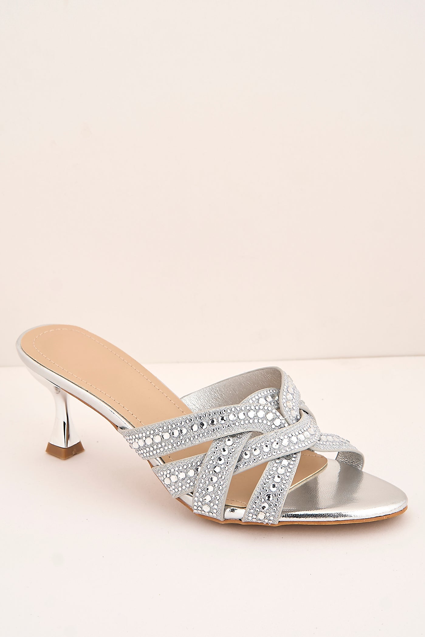 Elsie Gemstone Embellished Crossover Strap Kitten Heel Mules In Silver by Miss Diva - 3757 BU40 SIL
