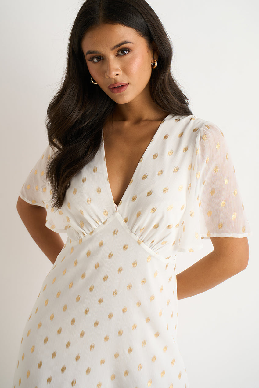 White V Neck Foil Midi Skater Dress by Gini London - GL1816