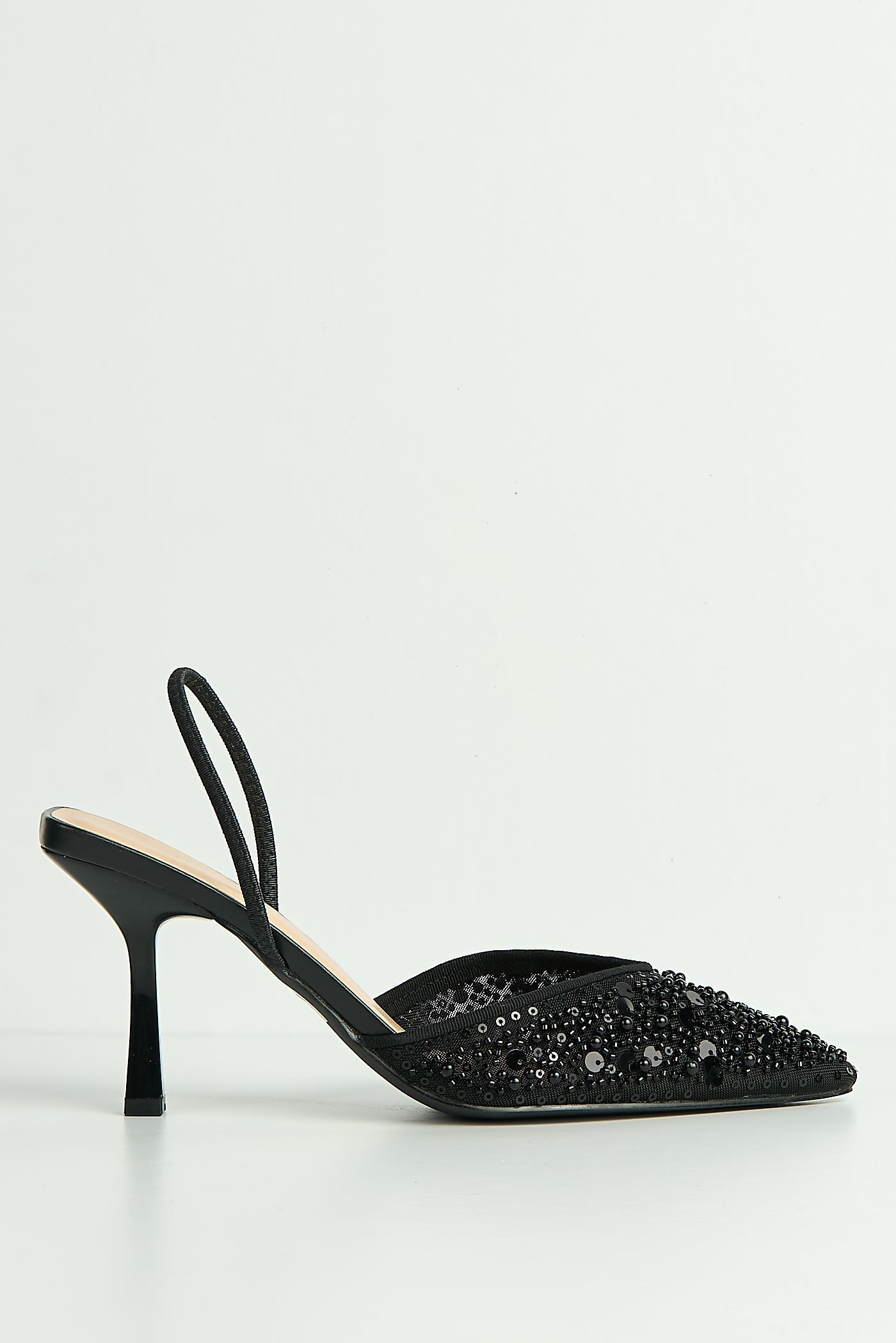 Jasmina Sequin & Bead Embellished Mesh Slingback Court Shoes In Black by Miss Diva - SALADO101 BLK