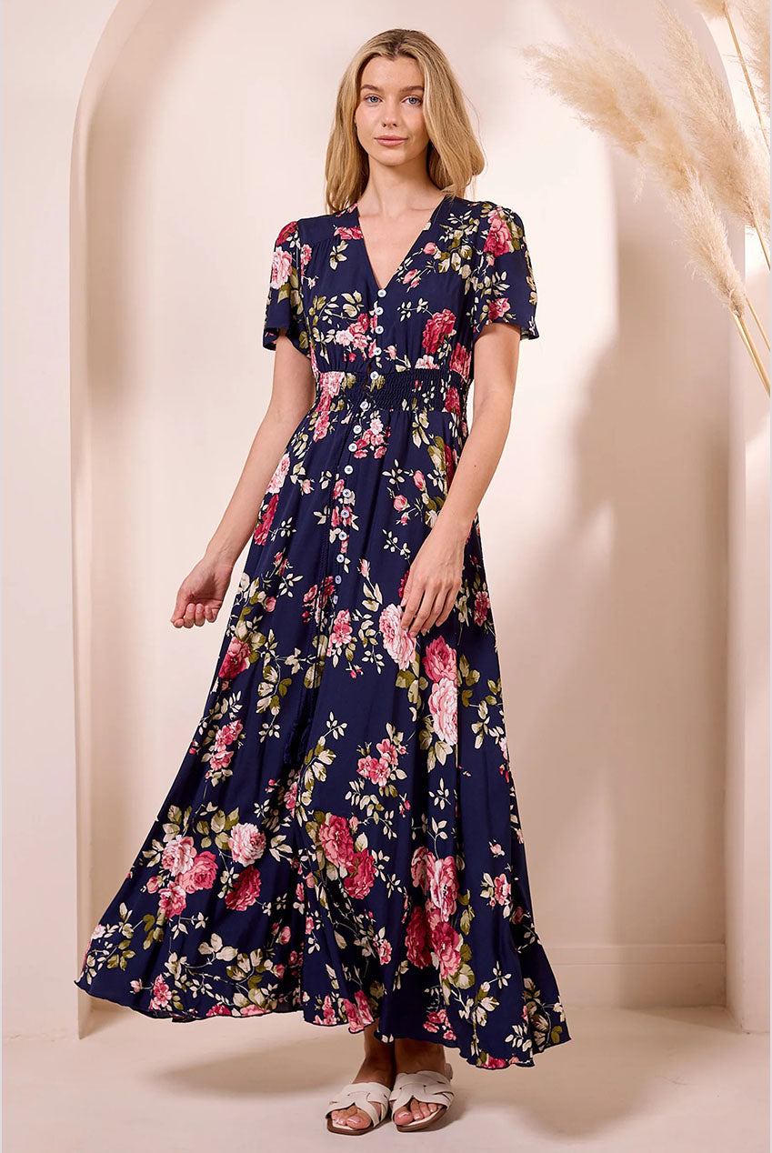 Ruched Waist Maxi Dress In Navy Floral Print by Angeleye - M042581
