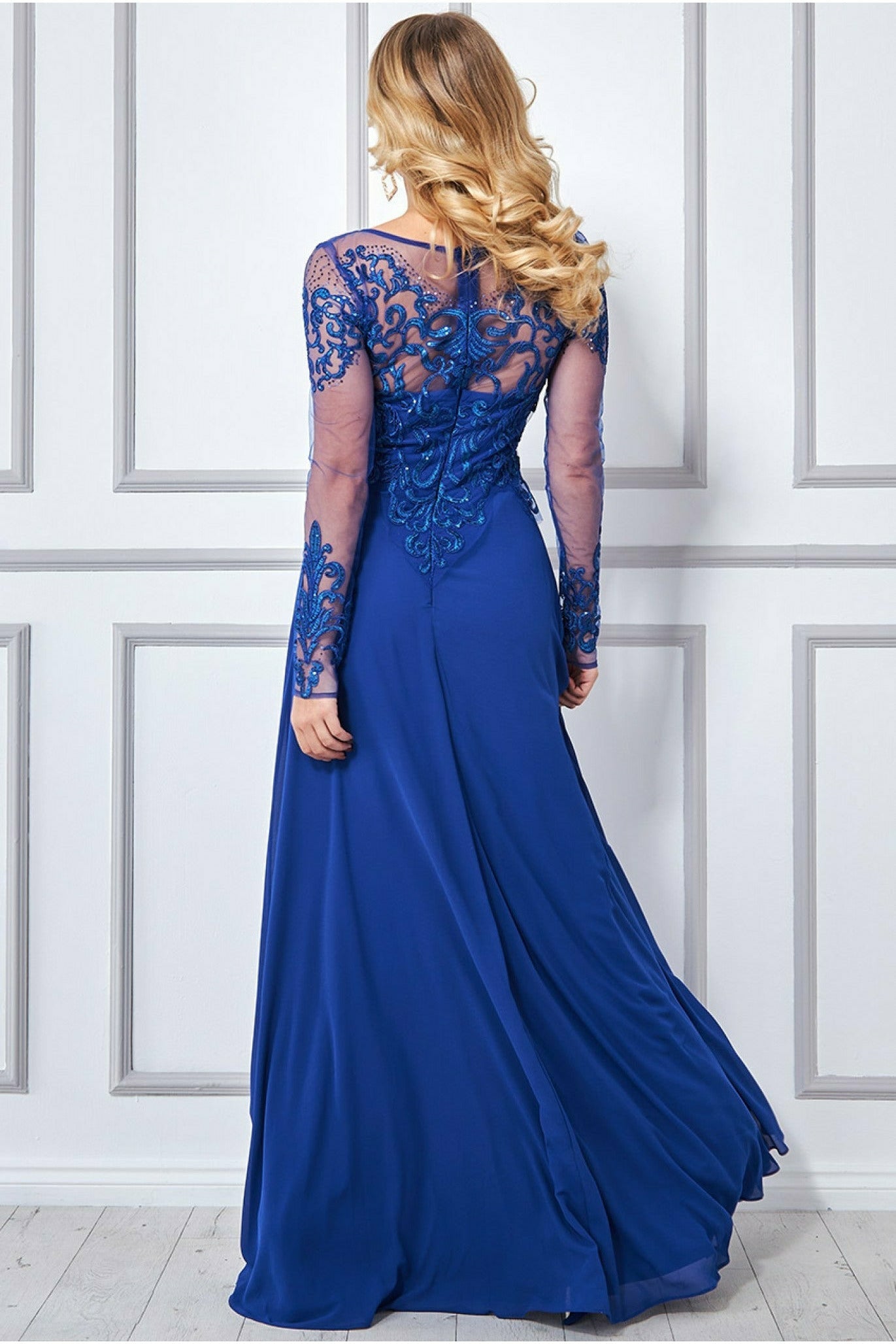 Goddiva Sequin Embroidered Patterned Lace Bodice Chiffon Maxi Dress