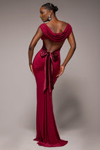 Goddiva Open Back Cowl Neck Gathered Maxi Dress With Velvet Tie Back