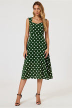 Polka Dot Print Heart Neck Midi Green by FS Collection - FS887