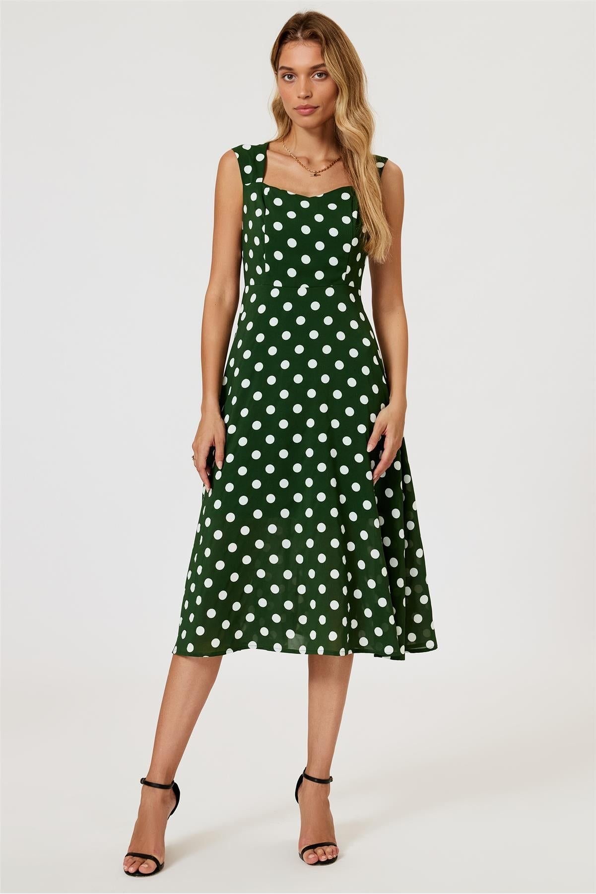 Polka Dot Print Heart Neck Midi Green by FS Collection - FS887