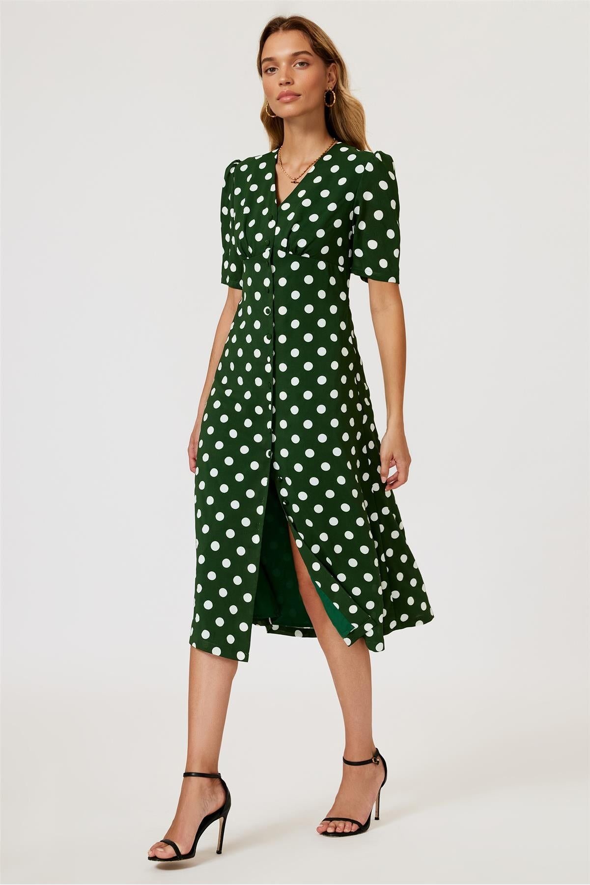 Polka Dot Print Button Front Midi Dress In Green by FS Collection - FS884