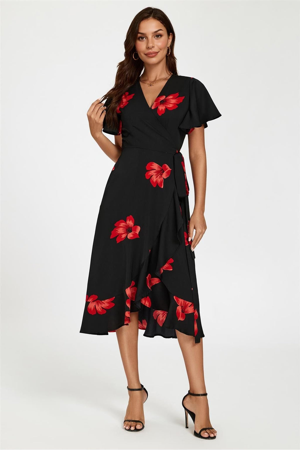 Floral Print Angel Sleeve Wrap Dress In Black by FS Collection - FS524 BLACKRED