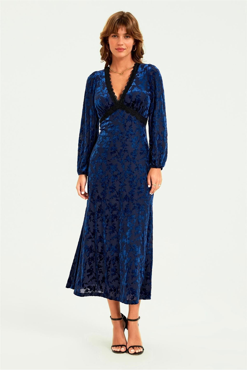 Floral Velvet Devore Lace Trim Neckline Midi Dress In Navy by FS Collection - FS903 NVF