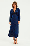Floral Velvet Devore Lace Trim Neckline Midi Dress In Navy by FS Collection - FS903 NVF