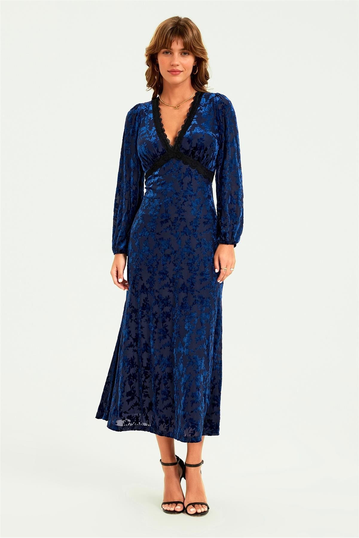 Floral Velvet Devore Lace Trim Neckline Midi Dress In Navy by FS Collection - FS903 NVF