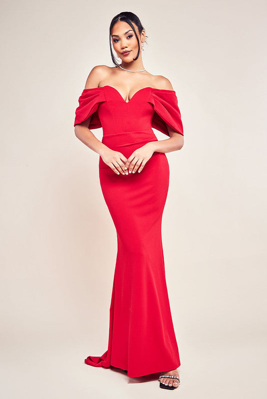 Goddiva Scuba Crepe Draped Bardot Maxi Dress