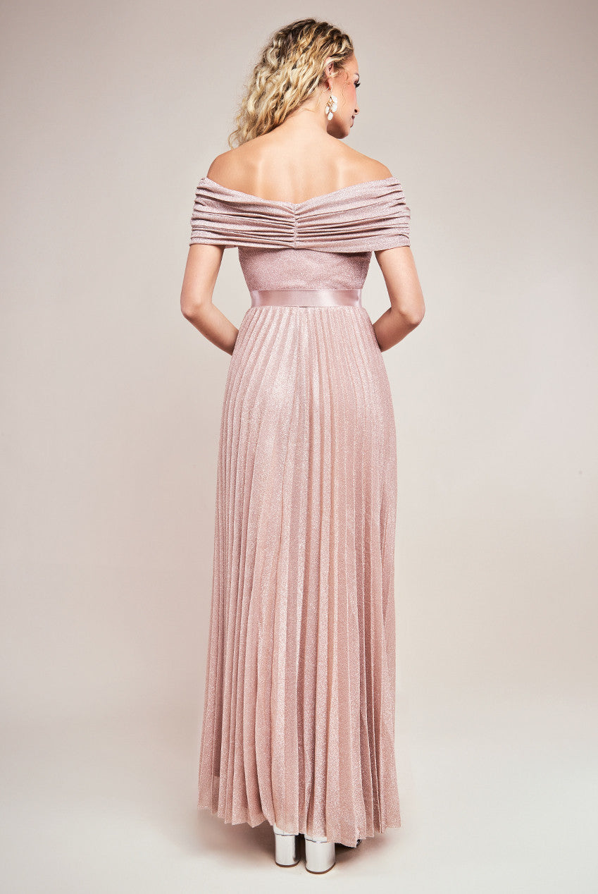 Goddiva Sunrise Pleated Bardot Lurex Maxi Dress