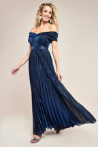 Goddiva Sunrise Pleated Bardot Lurex Maxi Dress