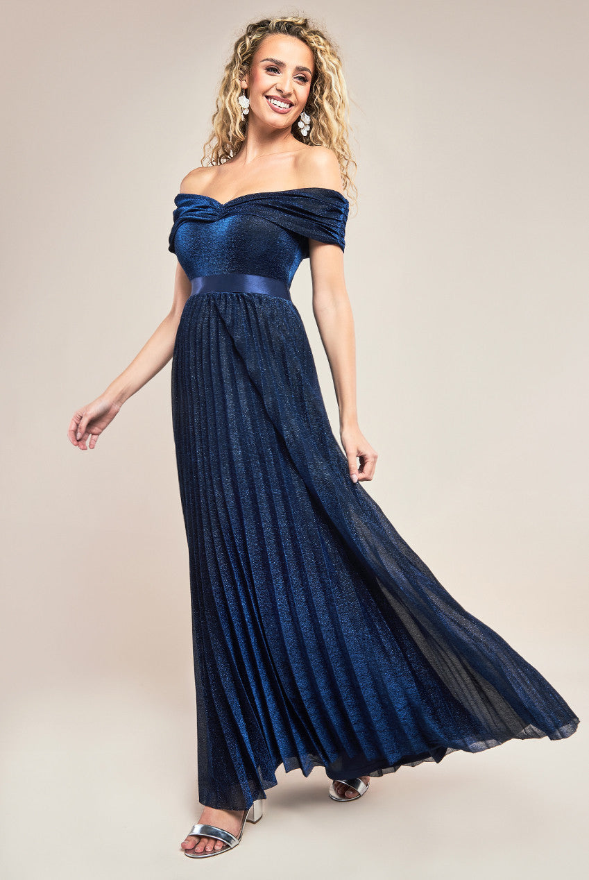 Goddiva Sunrise Pleated Bardot Lurex Maxi Dress