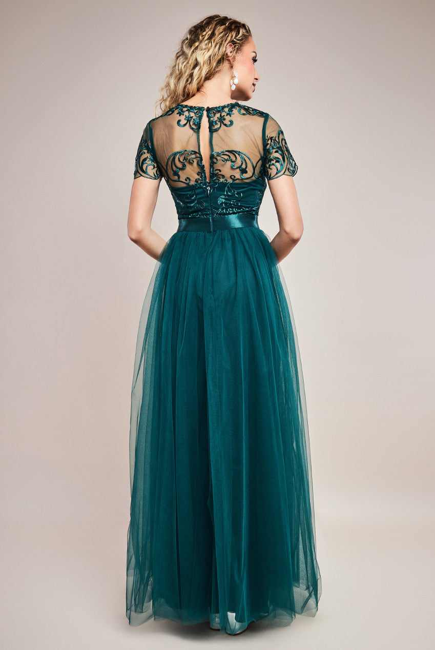 Goddiva Ornate Embroidered Bodice Mesh Maxi Dress