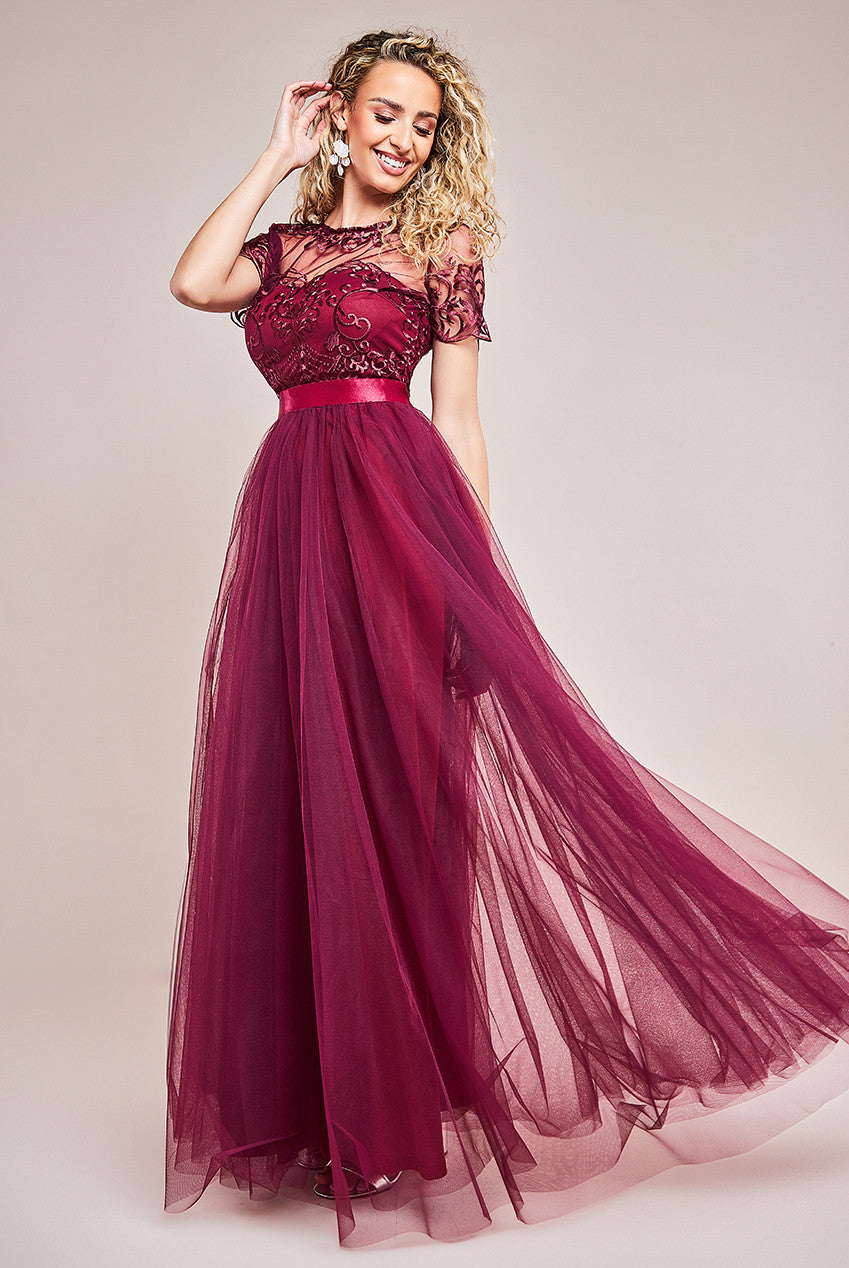 Goddiva Ornate Embroidered Bodice Mesh Maxi Dress