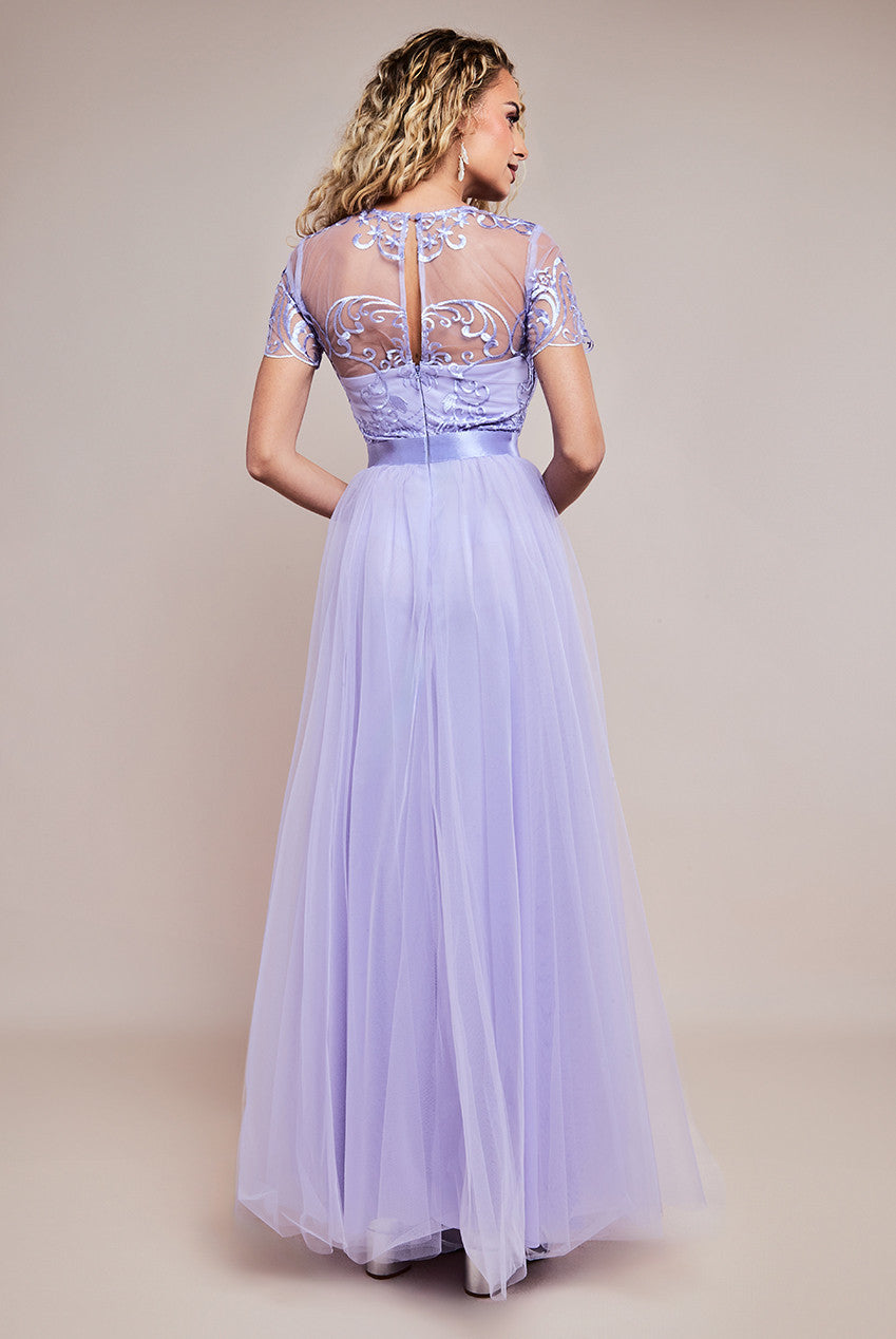 Goddiva Ornate Embroidered Bodice Mesh Maxi Dress