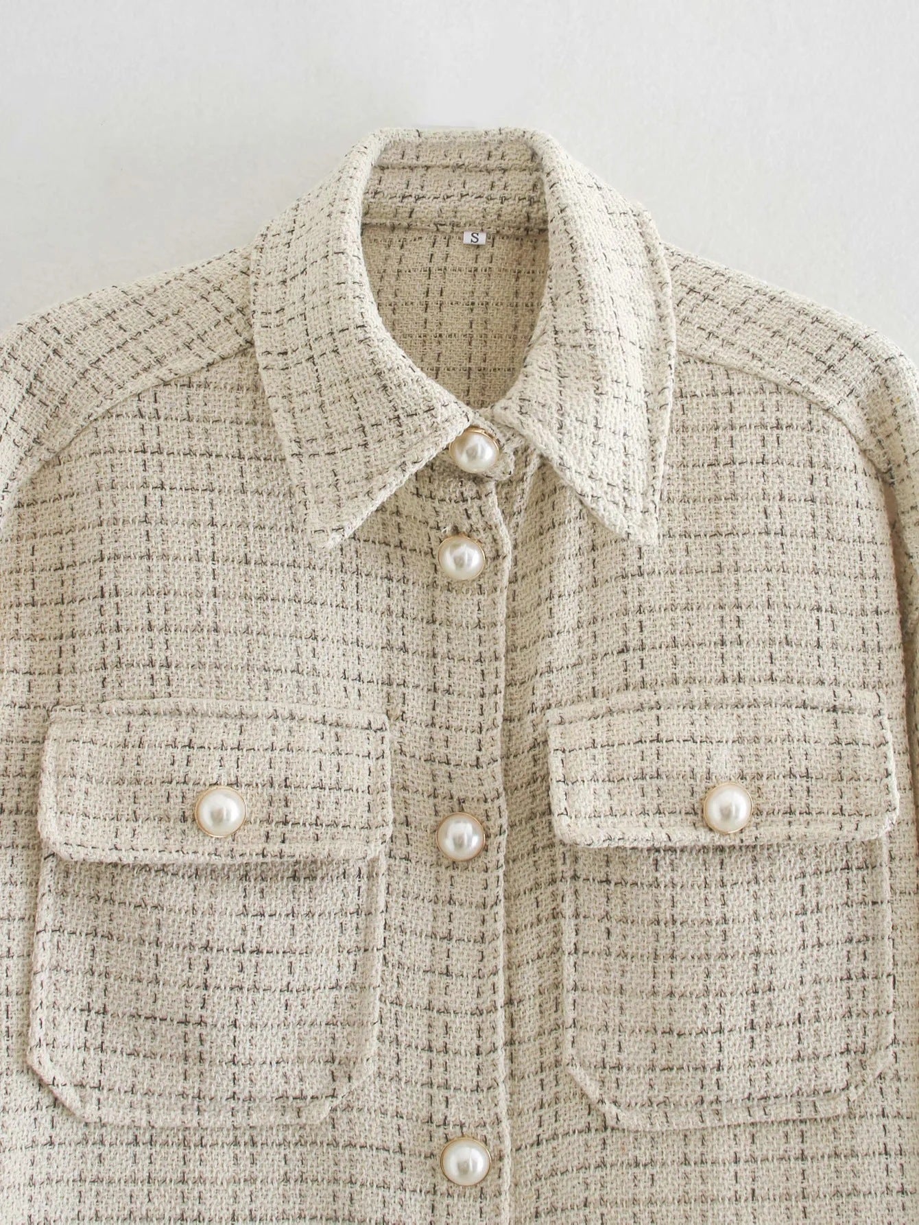 Women Plaid Pearl Buttons Pattern Thick Coat