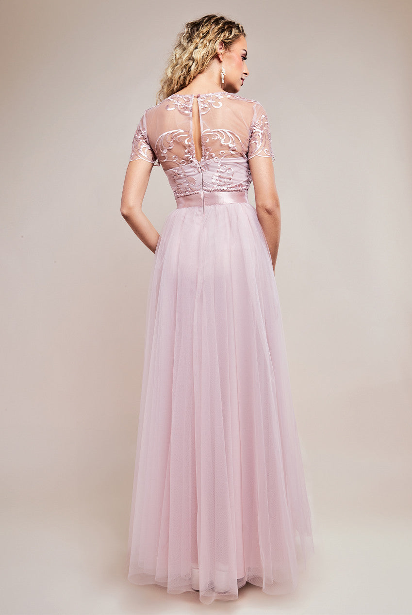 Goddiva Ornate Embroidered Bodice Mesh Maxi Dress