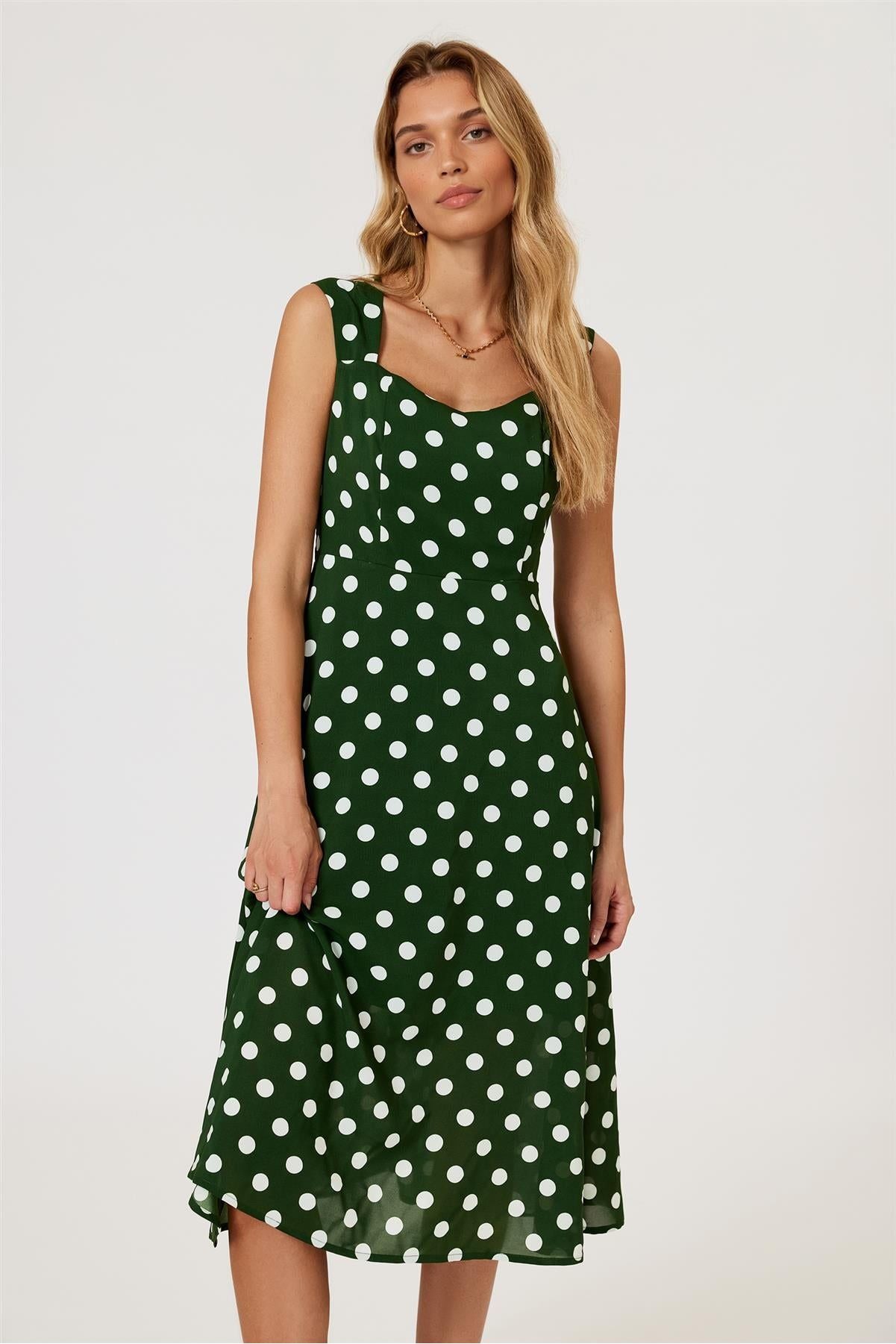 Polka Dot Print Heart Neck Midi Green by FS Collection - FS887