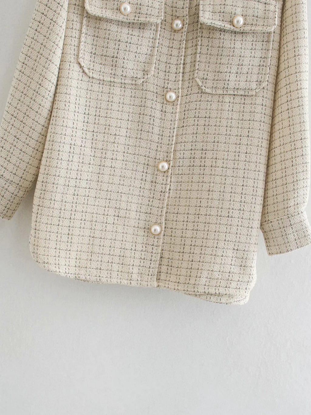 Women Plaid Pearl Buttons Pattern Thick Coat