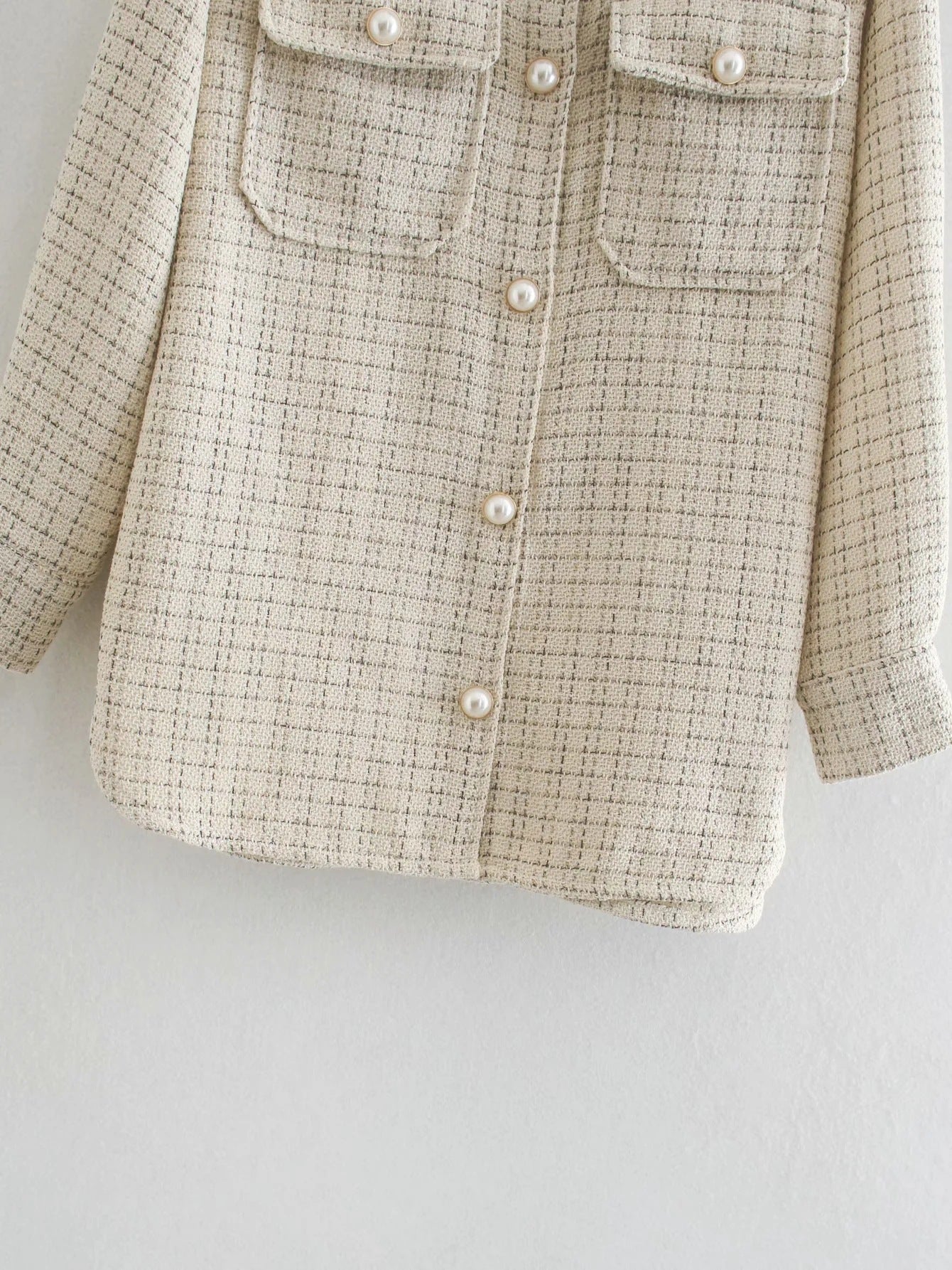 Women Plaid Pearl Buttons Pattern Thick Coat
