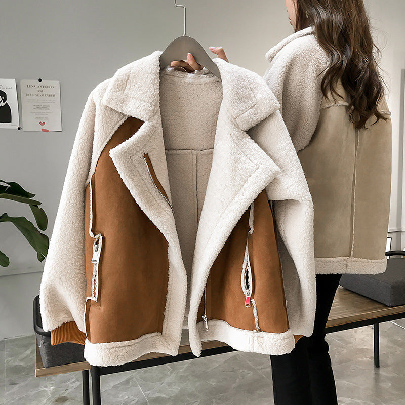 Women Short Lamb Velvet Suede Jacket