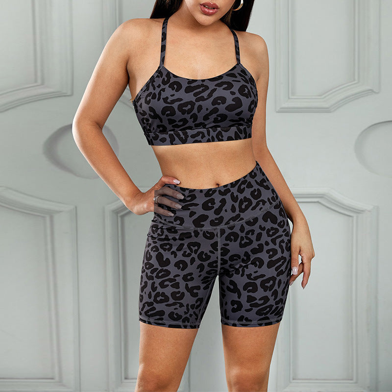 2 Pcs Ladies Leopard Print Fitness Suit