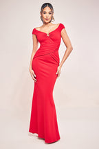 Goddiva Bardot Pleated Maxi With Metal Trim Dress