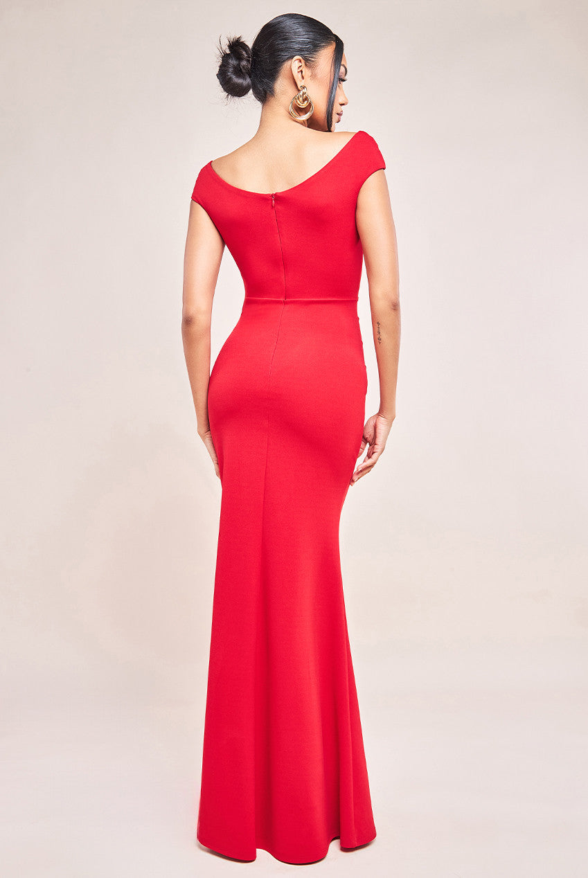Goddiva Bardot Pleated Maxi With Metal Trim Dress