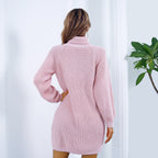 Long Turtleneck Sweater Dress With Button