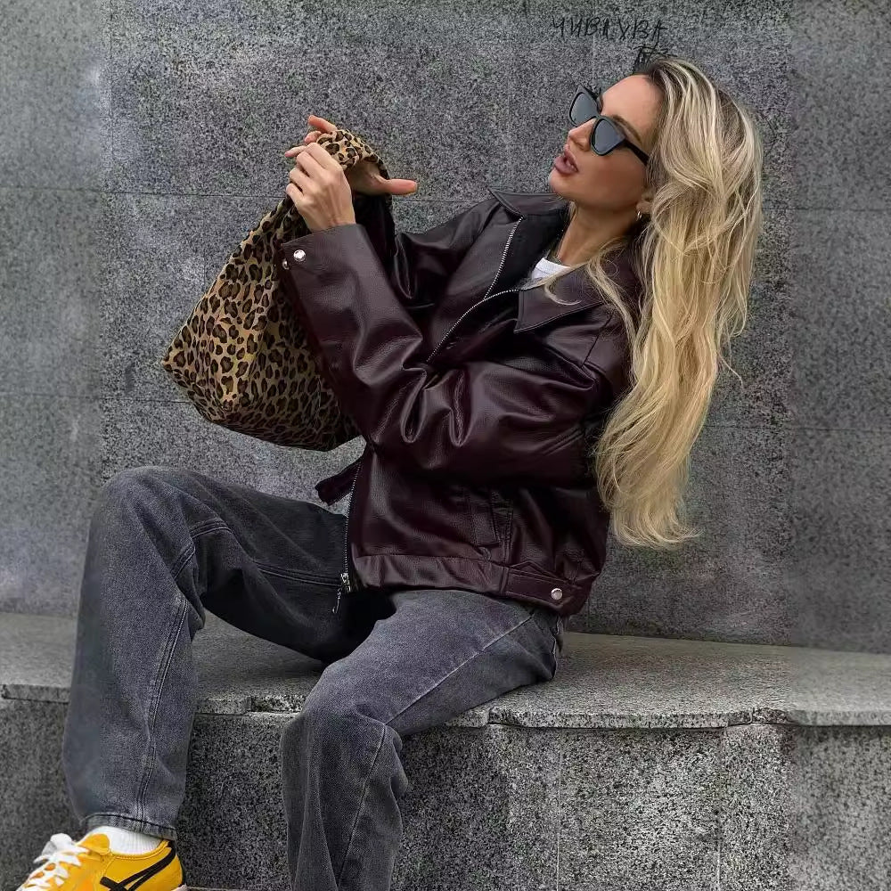 Solid Leather Long Sleeve Lapel Jacket