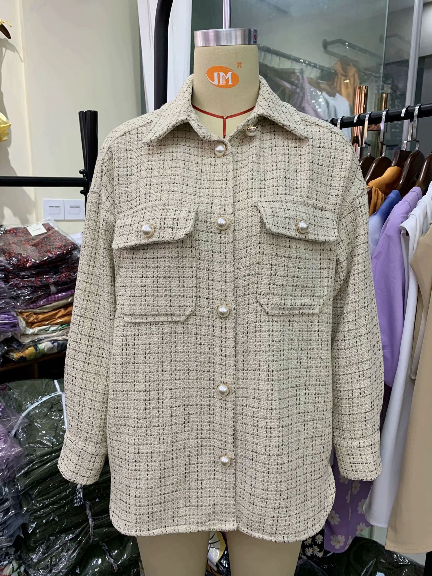 Women Plaid Pearl Buttons Pattern Thick Coat