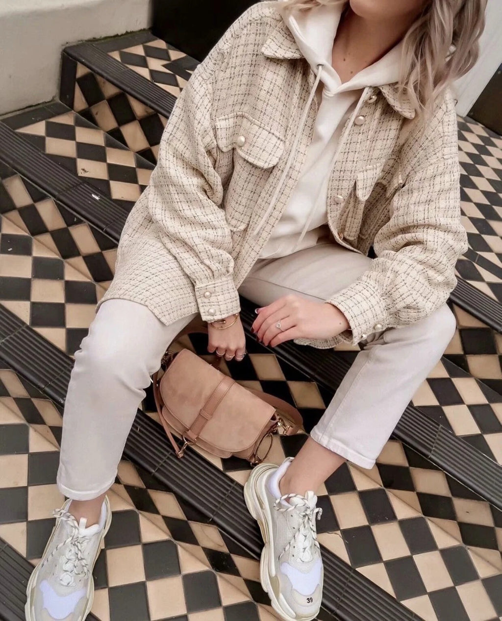 Women Plaid Pearl Buttons Pattern Thick Coat